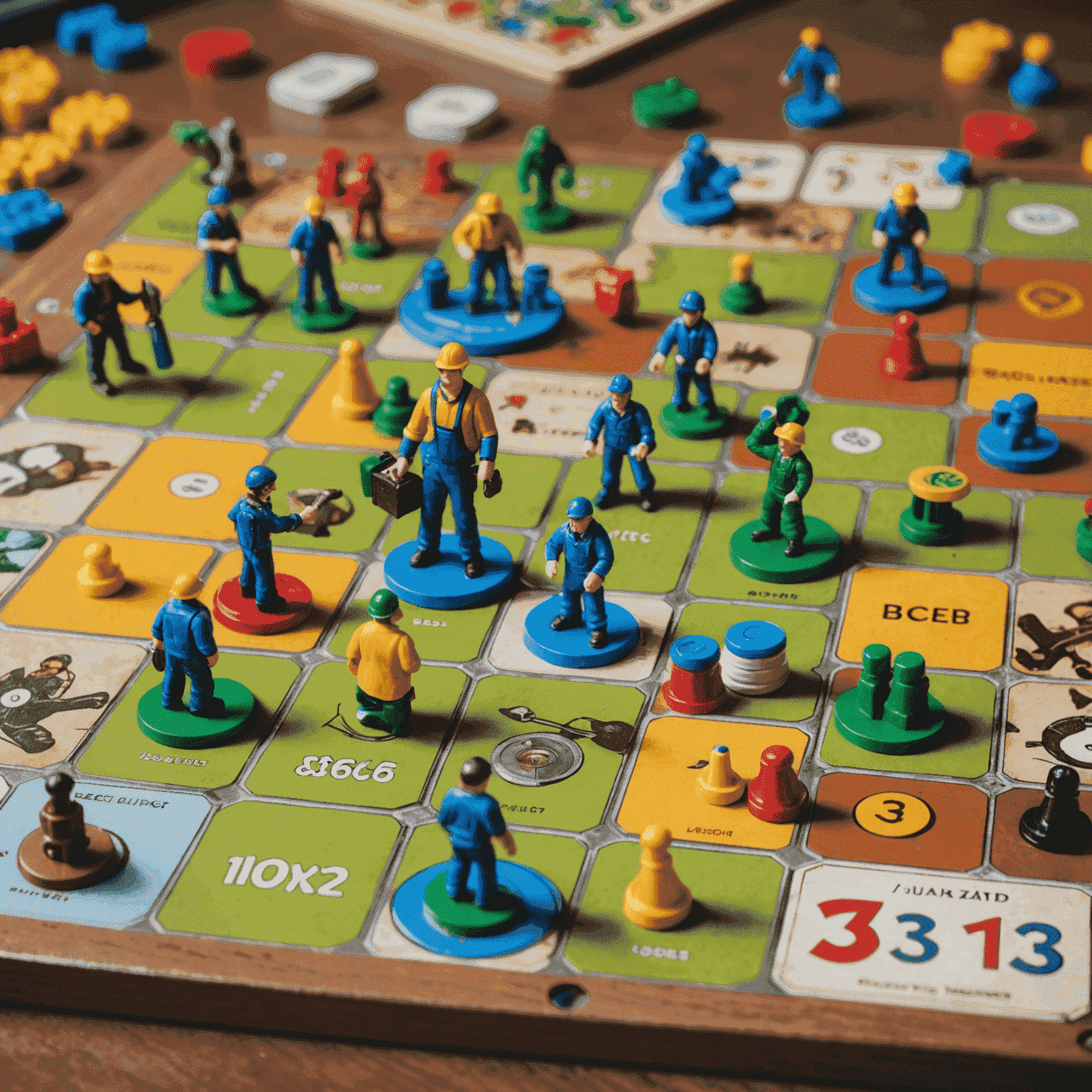 İşçi yerleştirme mekaniklerini gösteren bir masa oyunu tahtası, üzerinde renkli işçi figürleri ve kaynak jetonları var.