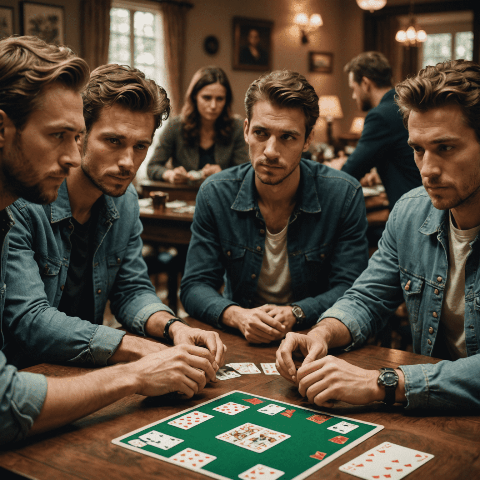 Bir grup insan Secret Hitler oyunu oynarken, masada kart ve oyun tahtası görünüyor. Oyuncuların yüz ifadeleri gergin ve düşünceli.