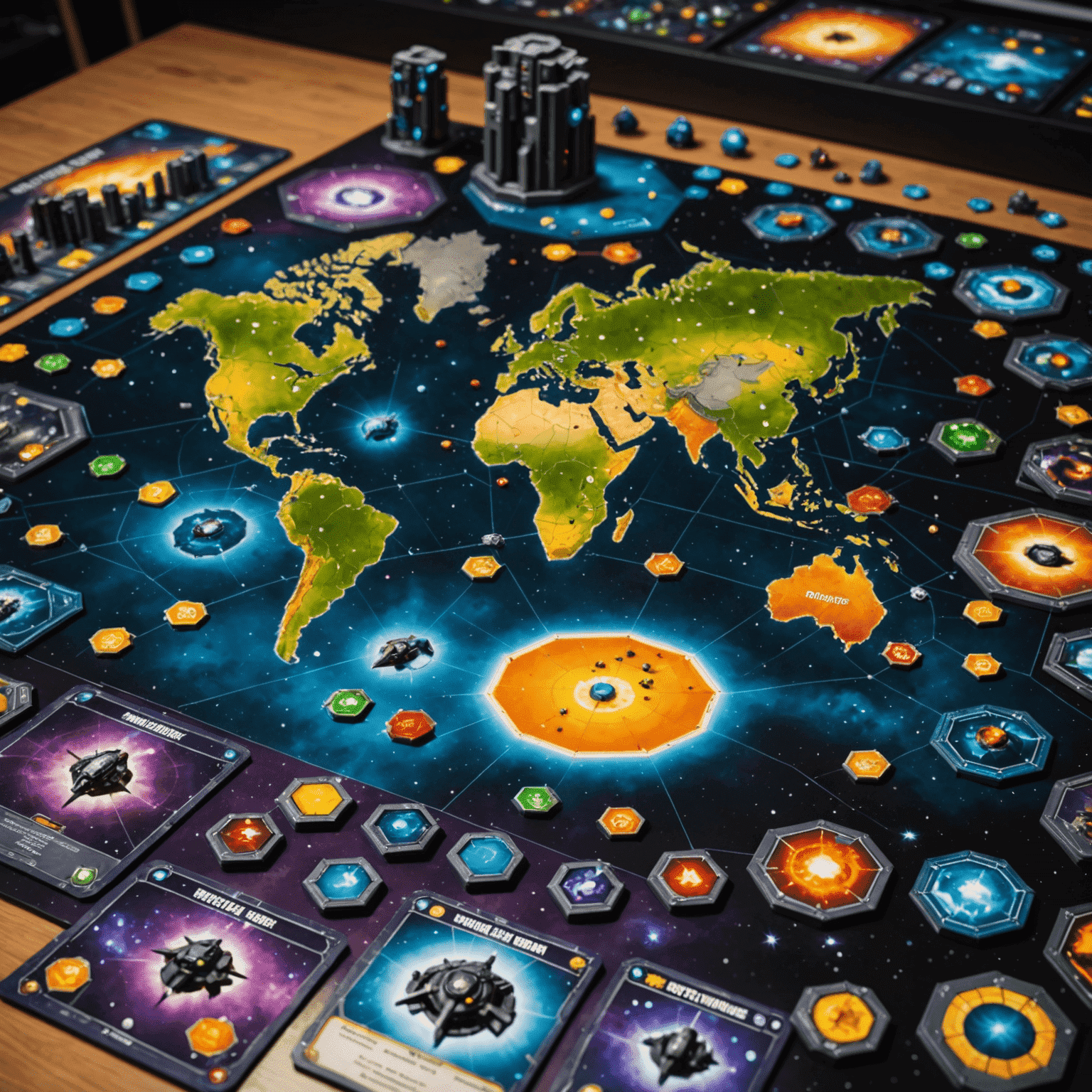 Twilight Imperium oyun kurulumu. Geniş bir galaksi haritası, çeşitli uzay gemileri, teknoloji kartları ve strateji belirteçleri görünüyor.