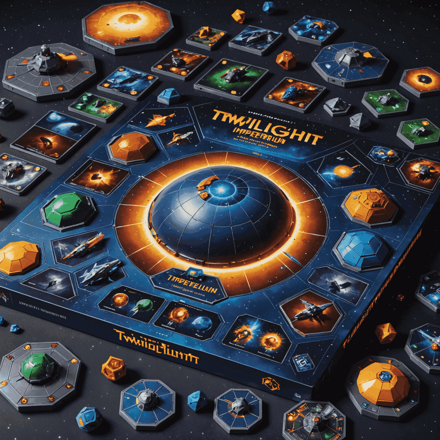 Twilight Imperium oyun kutusu, içinden çıkan karmaşık oyun parçaları, uzay gemileri ve gezegen kartları gösteriliyor.