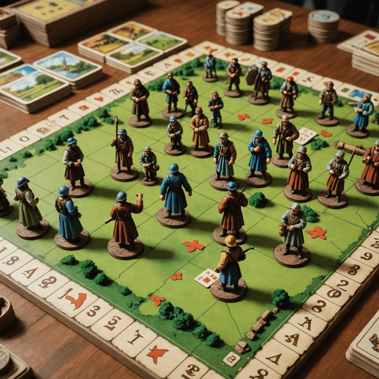 Caylus oyun tahtası, işçi figürleri ve bina kartları gösteriliyor