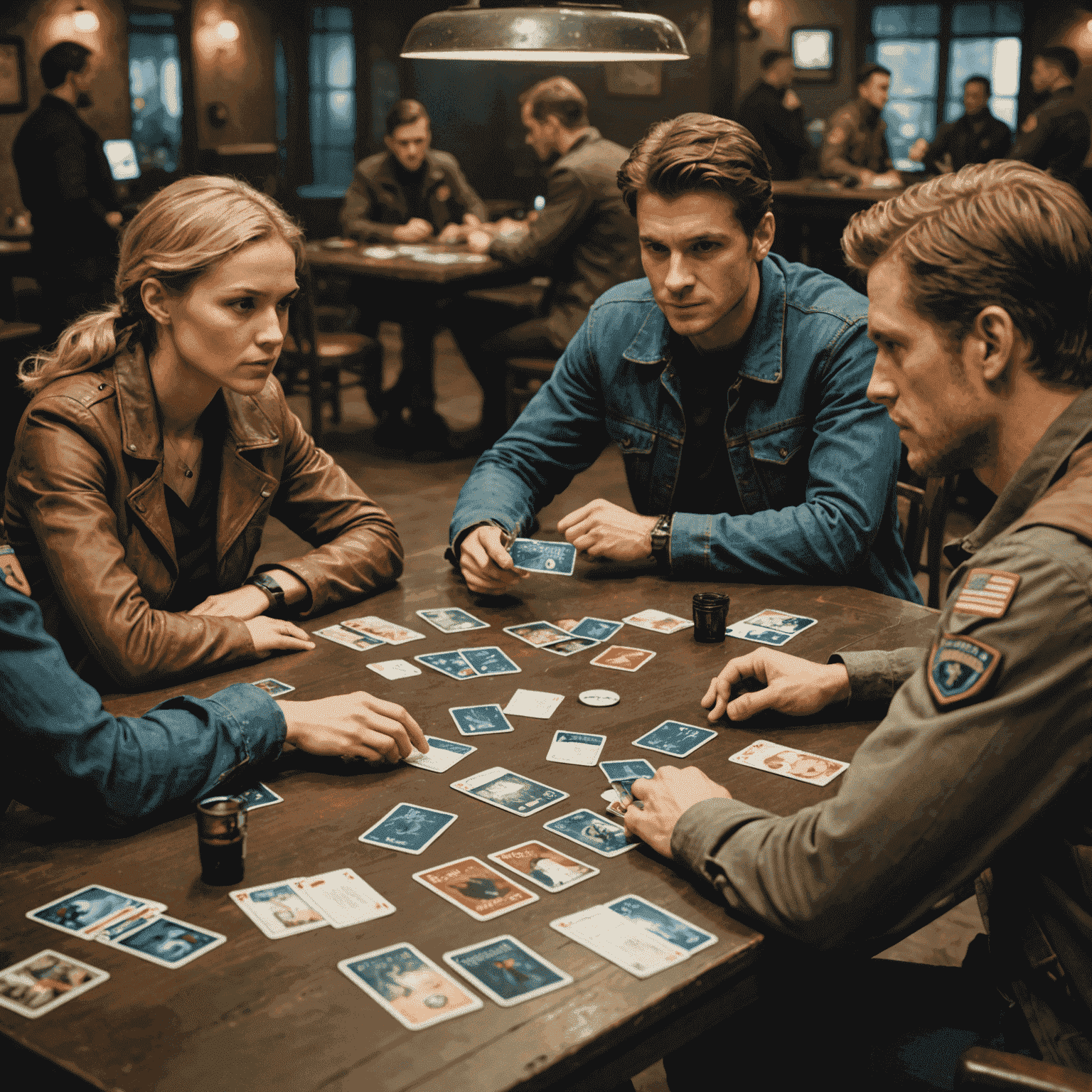 The Resistance oyunundan bir sahne. Oyuncular birbirlerine şüpheli bakışlar atarken, masada oyun kartları ve görev jetonları görünüyor.