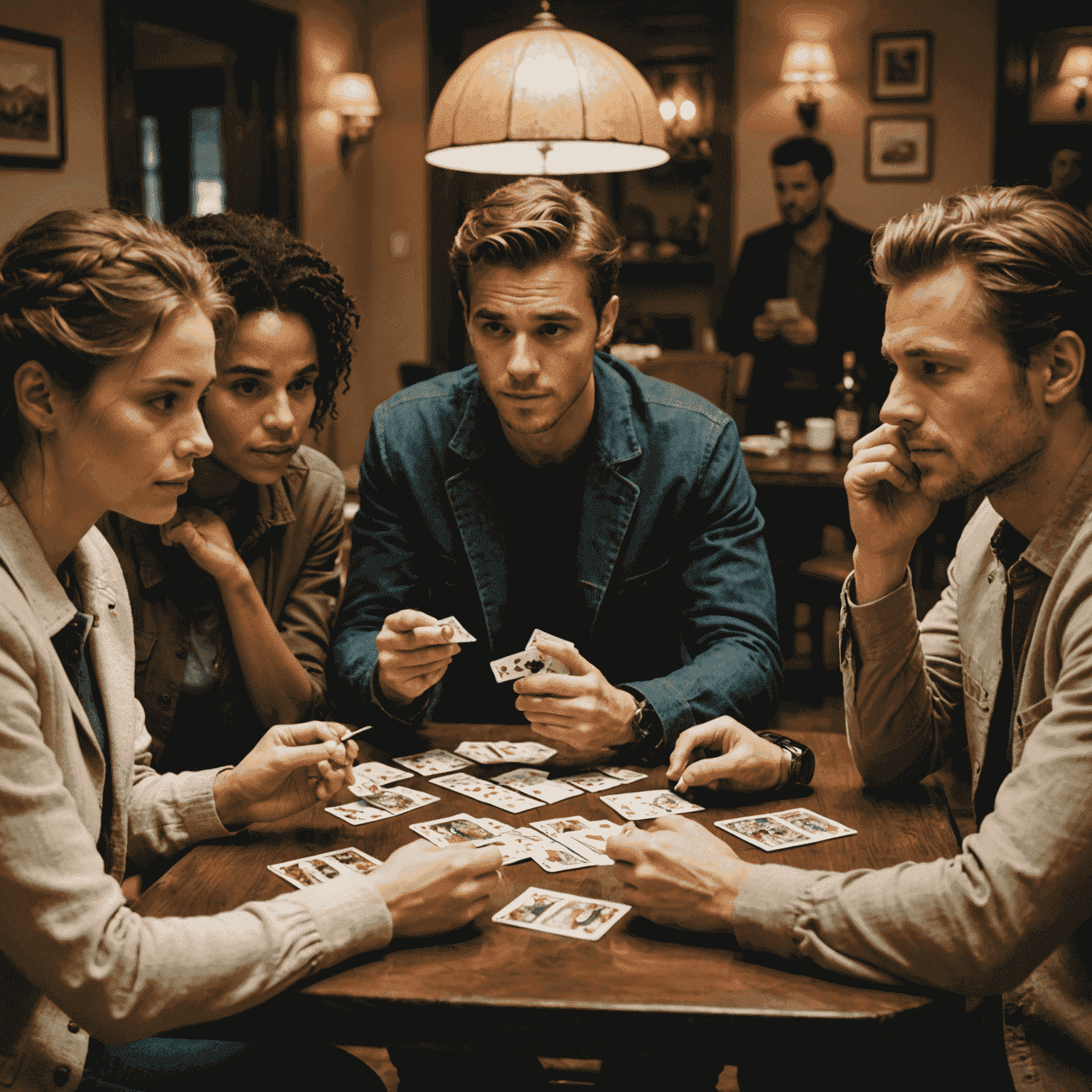 Bir grup insan masa etrafında oturmuş, ellerinde kart tutuyorlar ve birbirlerinin yüz ifadelerini inceliyorlar.