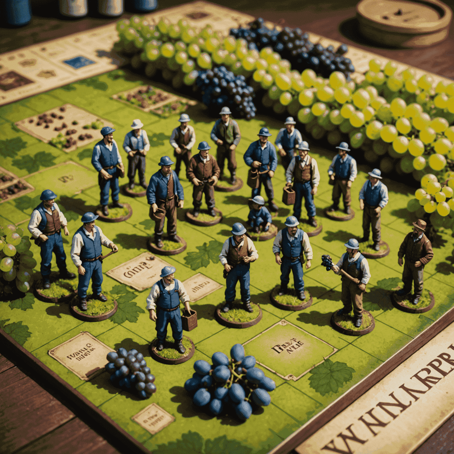 Viticulture oyun tahtası, üzüm ve şarap jetonları, işçi figürleri gösteriliyor
