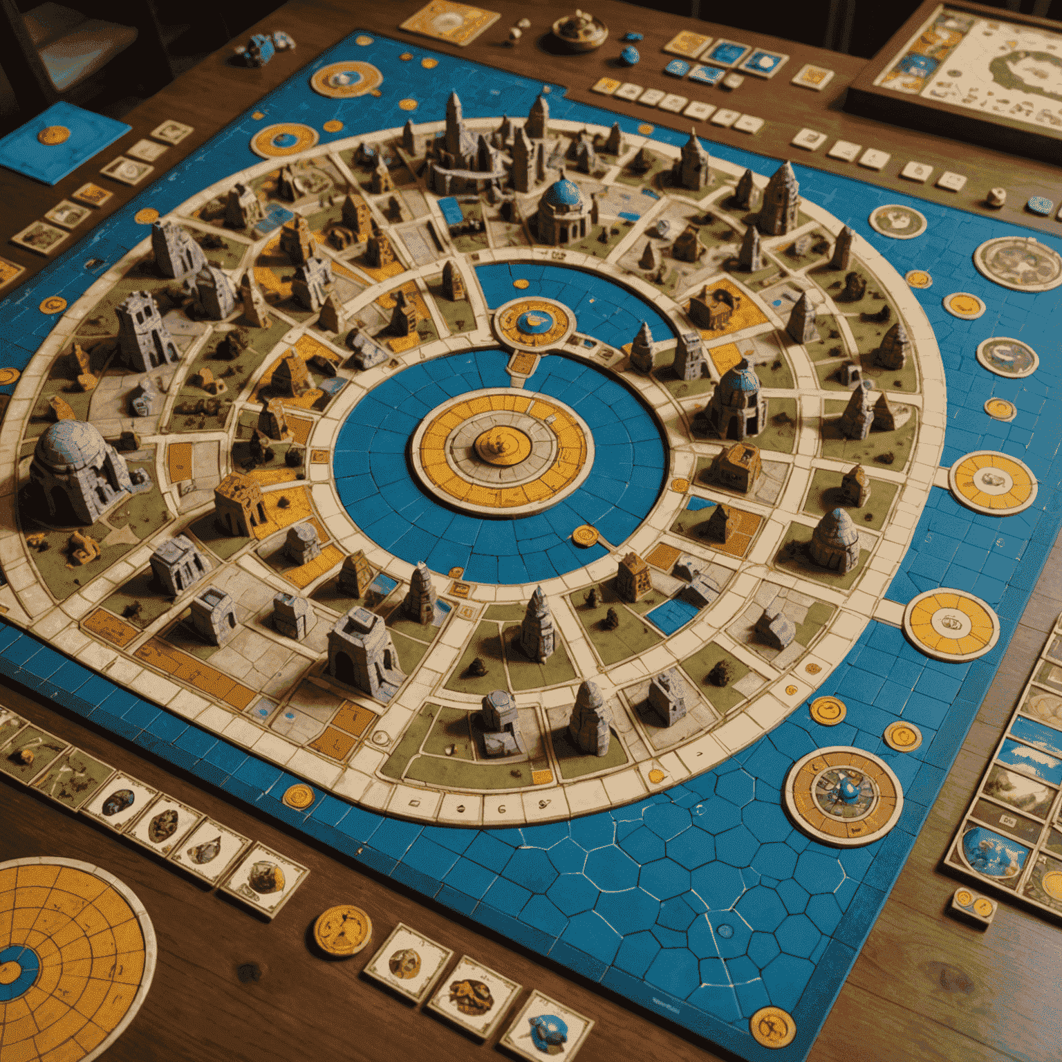 Terra Mystica oyun tahtası, farklı ırkların binaları ve karmaşık puan tablosu gösteriliyor.